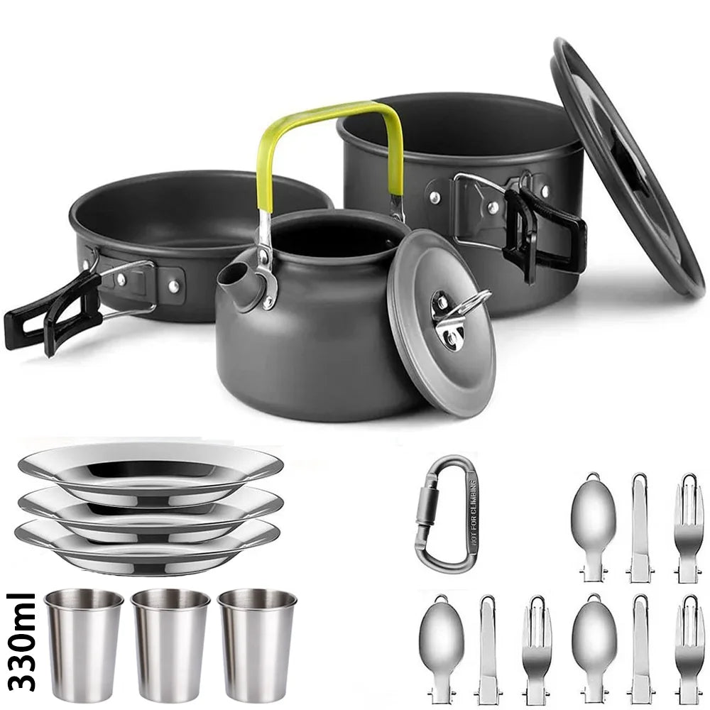 Camping Cookware Set for 2 to 3 People with Non-Stick Pots and Teapot Kit