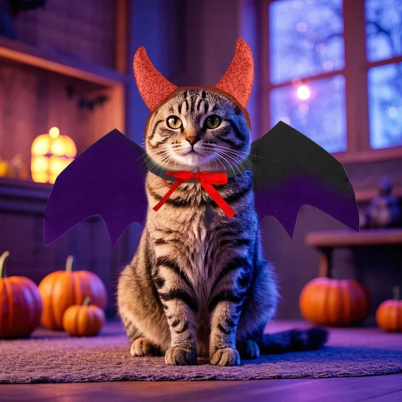 Pet Costume Set Cute Devil Transformation Outfit with Horns & Bat Wings Funny Animal Dress-Up for Cats Halloween Cosplay