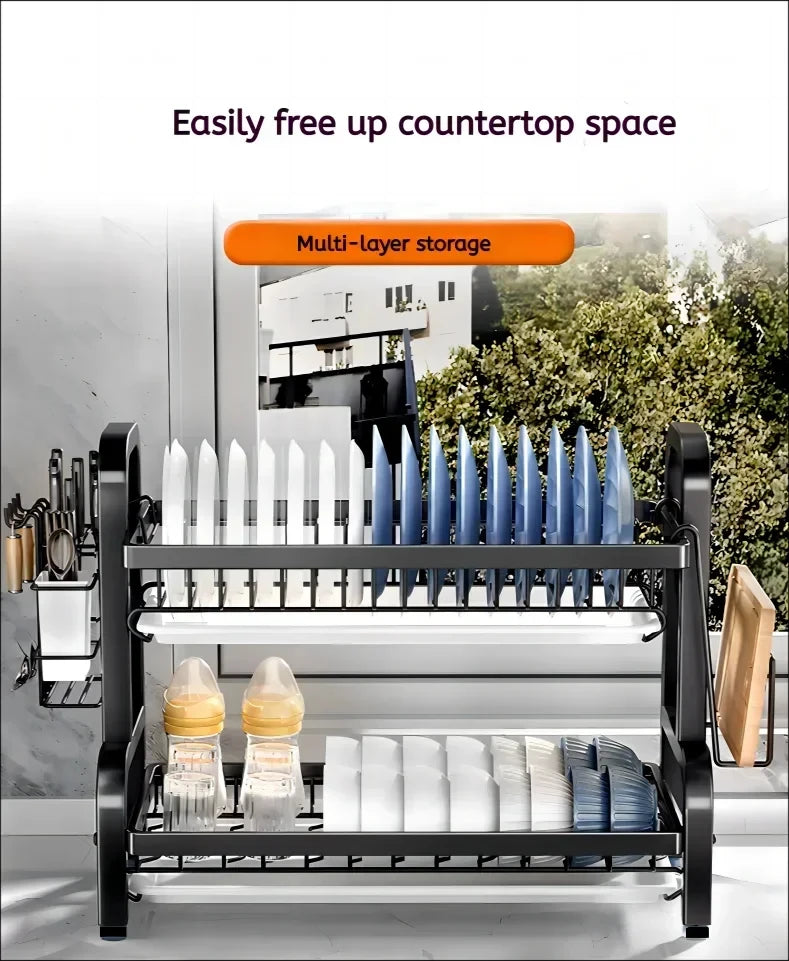 3-Tier Compact Dish Drying Rack with Drainboard Large Rust-Proof Metal Kitchen Storage Solution