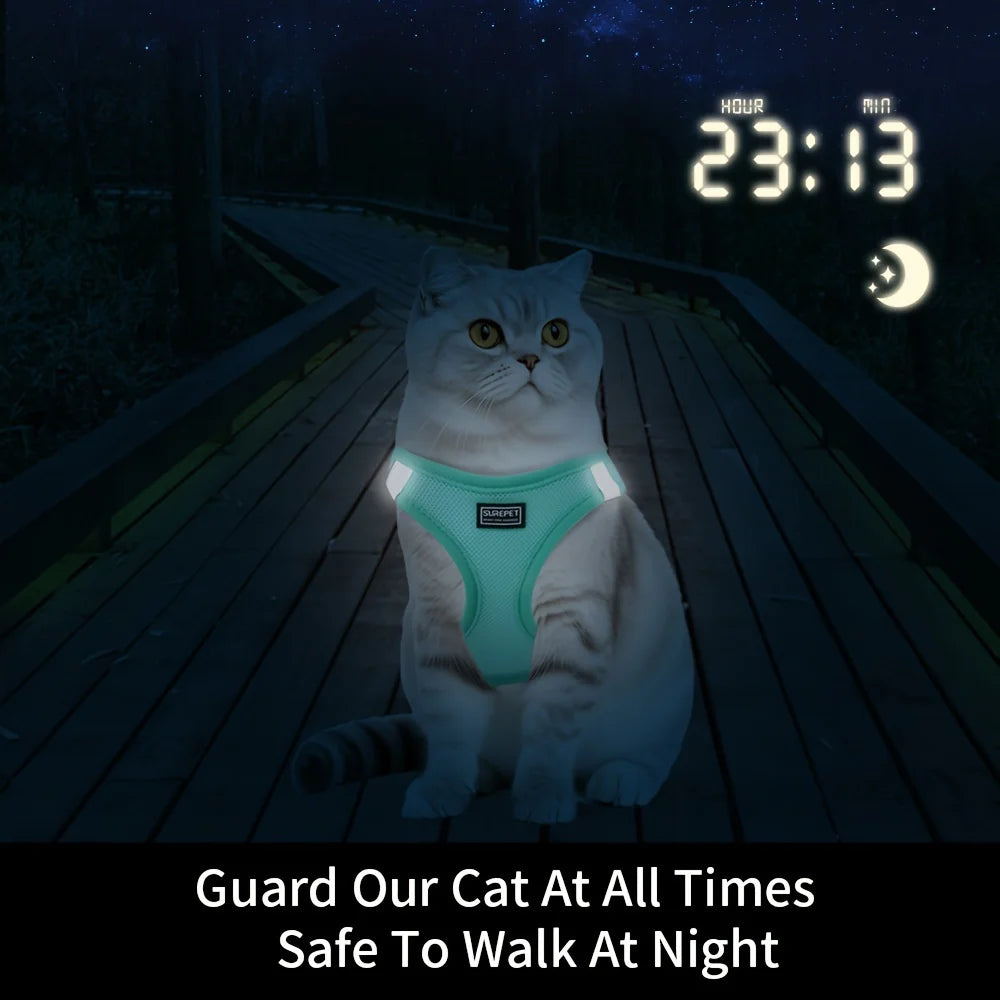 Adjustable cat harness with reflective tape, soft and breathable vest, suitable for walking and preventing escape