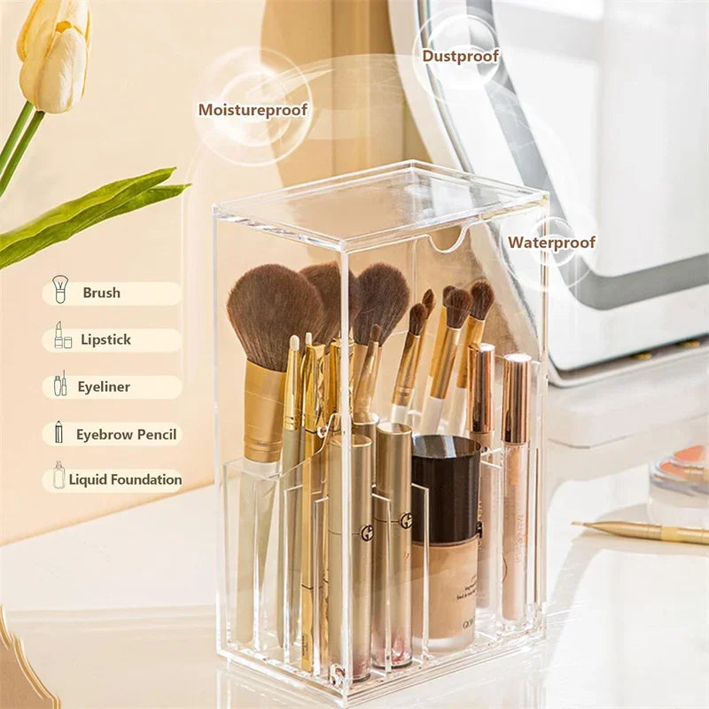Large Capacity Clear Makeup Brush Holder Organizer with Lid 17 Slot Slanted Design for Desk Storage