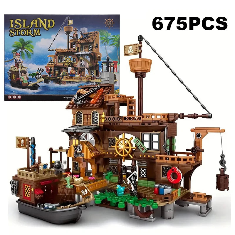 Creative Medieval Pirate Island Fortress Building Blocks Set with Adventure Ship and Log Cabin Model for Kids