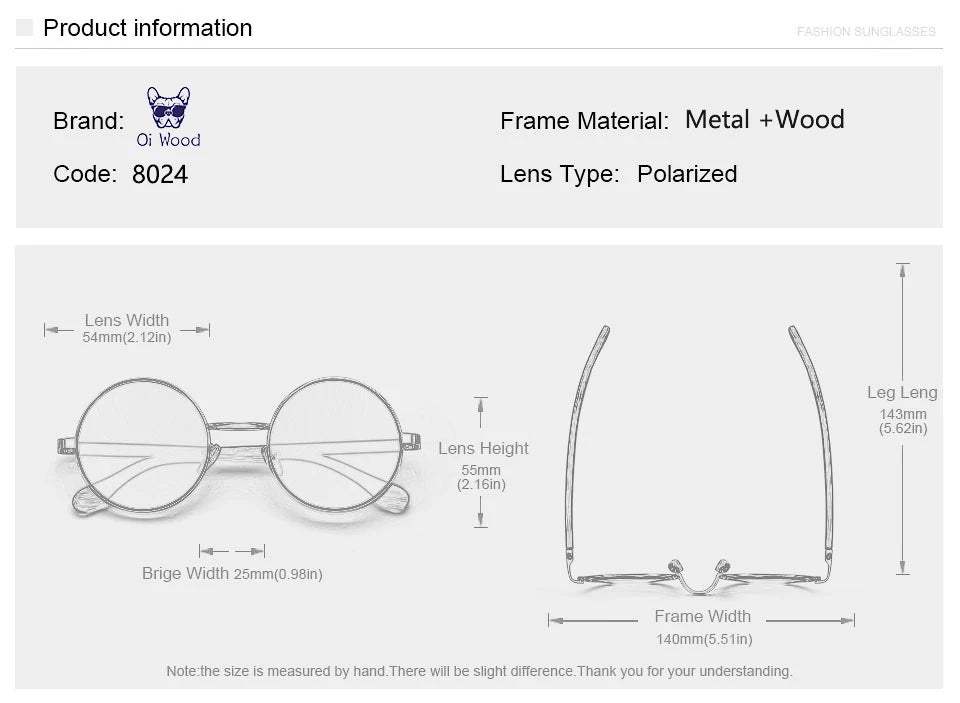 Oi Wood Retro Round Sunglasses For Men Women Polarized Blue Mirror Eyewear 8024
