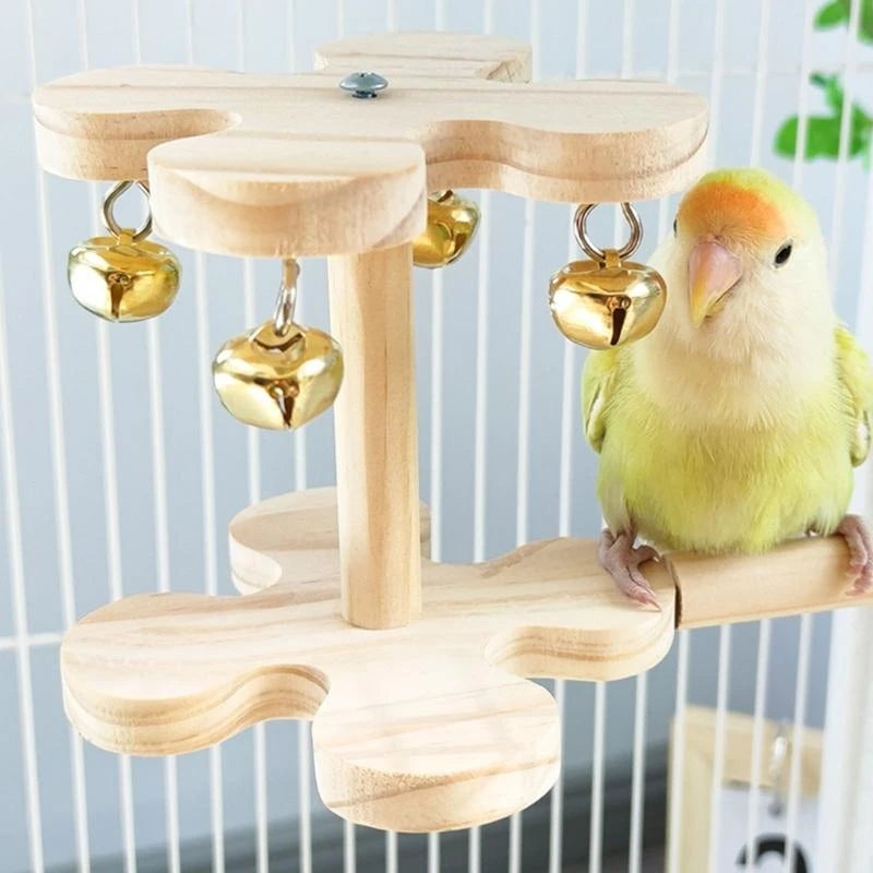 Interactive Bird Perch Toy for Parrots with Sounding Bells 360 Degree Rotation and Wooden Design Birdcage Engagement Toy