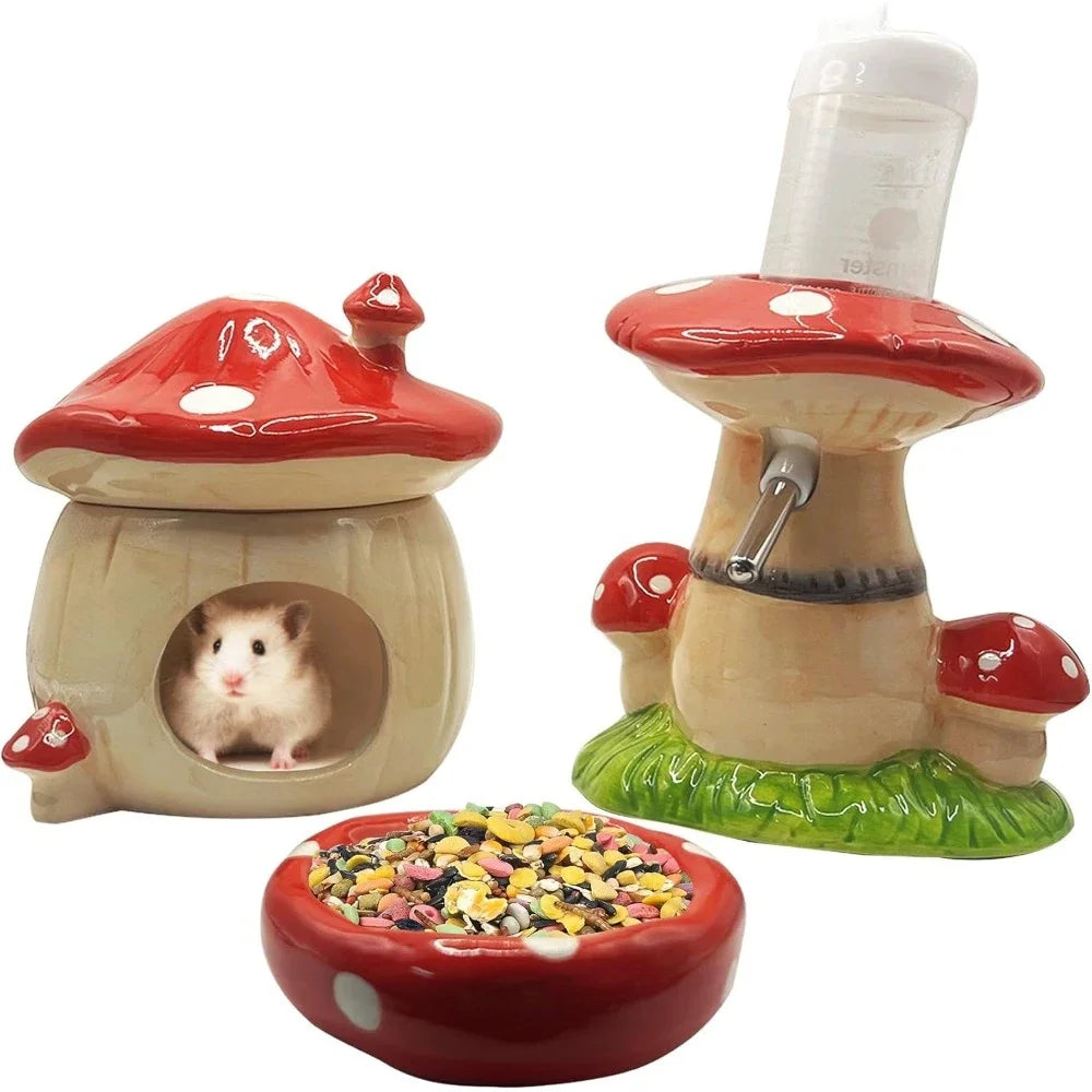 Mushroom Ceramic Hamster Hideout Water Bottle with Stand Food Bowl Hamster Accessories Golden Bear Furniture Sleephouse House