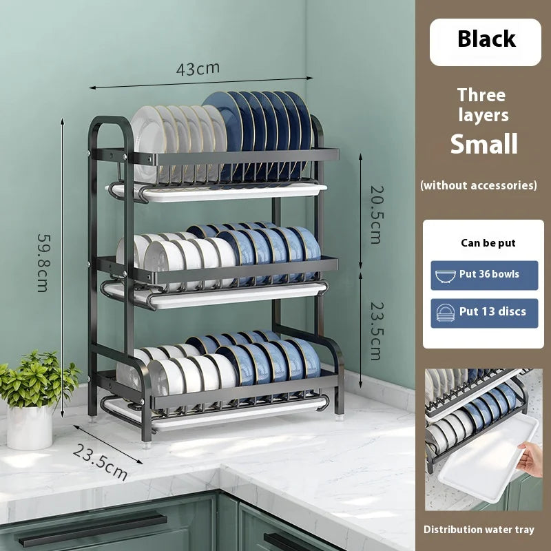3-Tier Compact Dish Drying Rack with Drainboard Large Rust-Proof Metal Kitchen Storage Solution