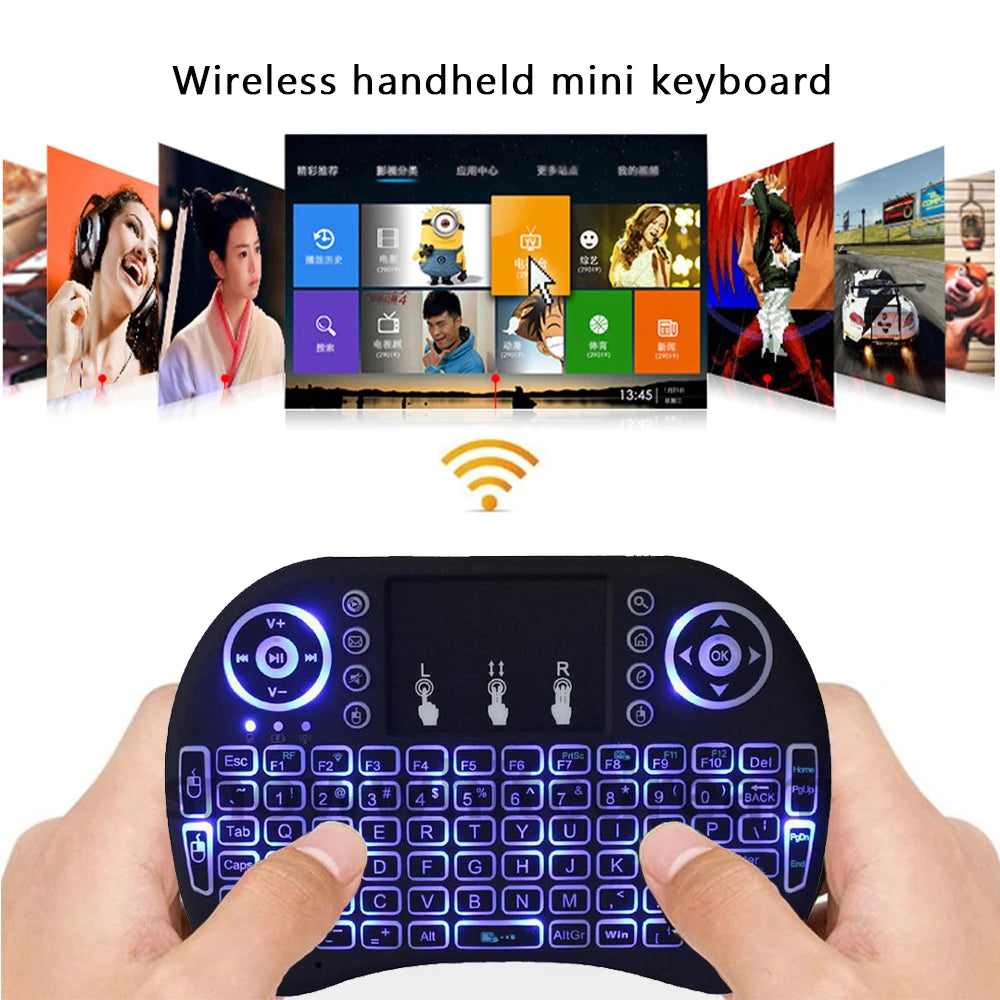 Miniteclado inalámbrico retroiluminado Air Mouse con panel táctil i8, 2,4 G, árabe, francés, español y ruso, para PC, Android TV Box