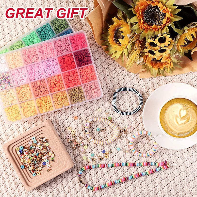 24 Rainbow Color Clay Beads Bracelet Making Kit with 2 Boxes for DIY Jewelry Crafting and Handmade Accessories