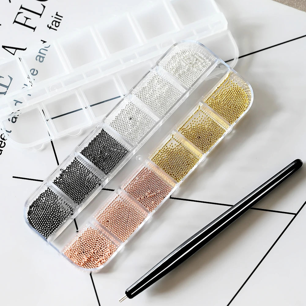 12 Grids Mini Caviar Beads Nail Art Charms With Magnetic Pen