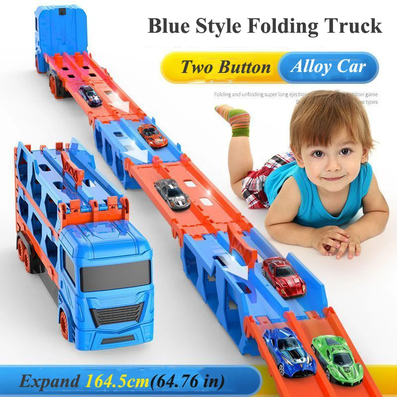 Large Car Transporter Truck with Folding Track and Racing Vehicles for Kids - Competitive Games and Storage Alloy Car Toy - Perfect Gift for Boys