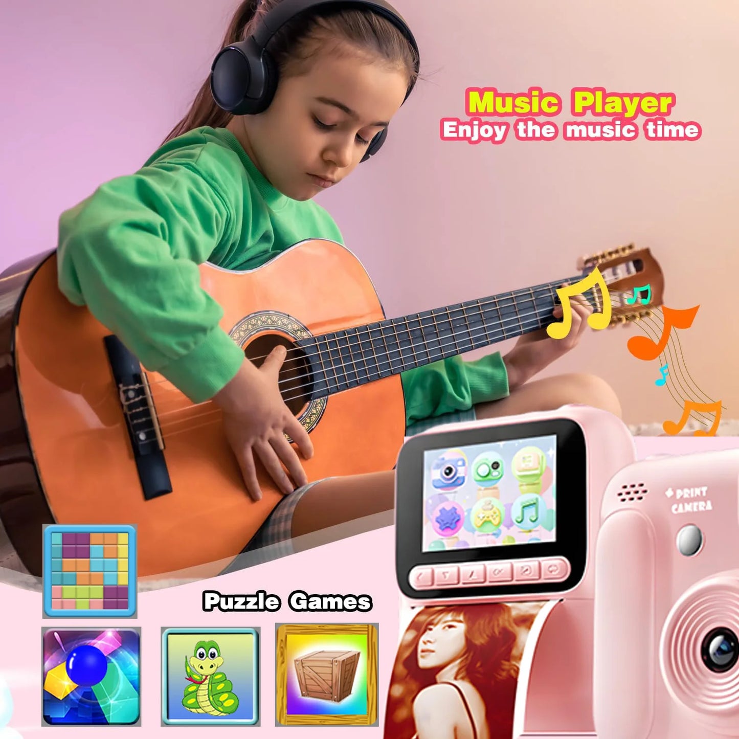 Color Printing Camera Kids Instant Camera 32GB 1080P Thermal Print Digital Camera Print Photo Video Games Music Children Gift