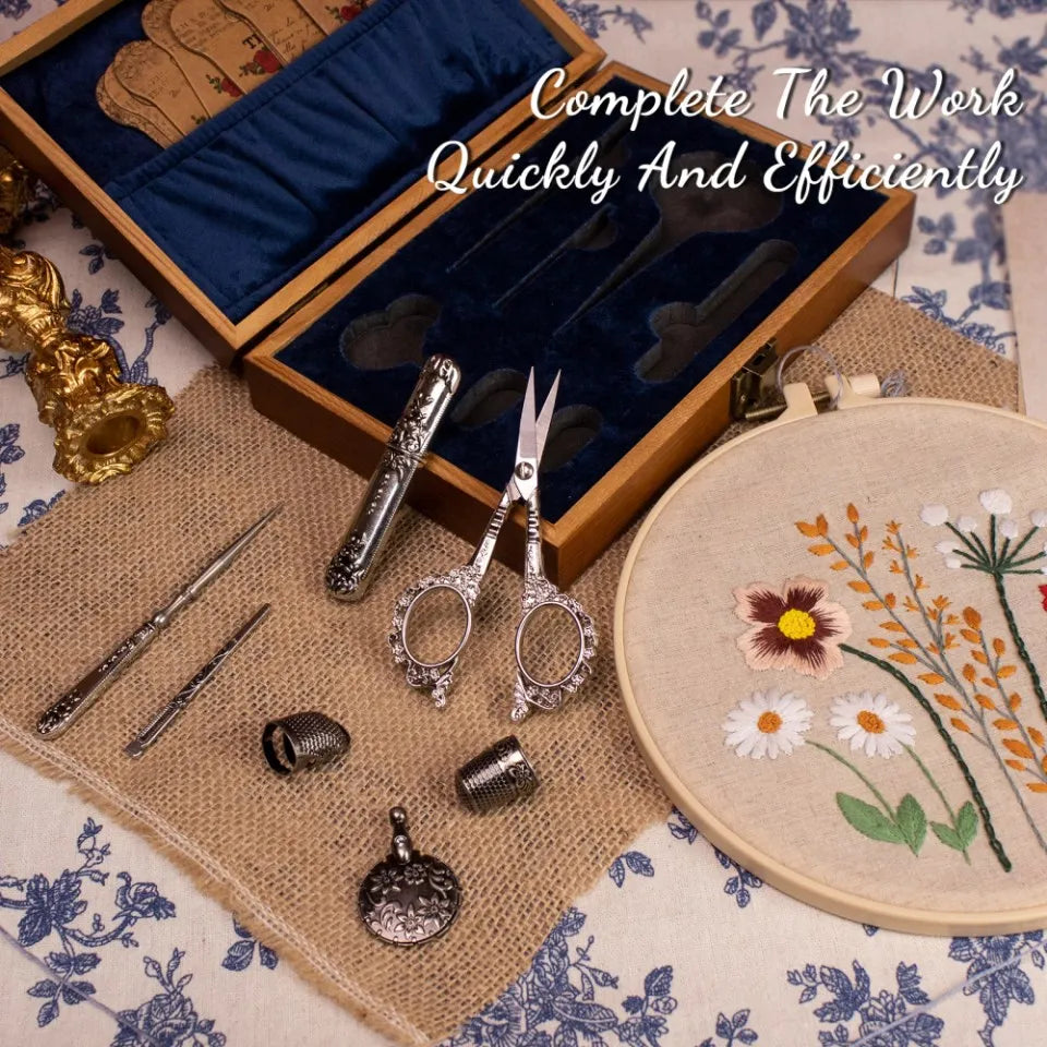 Vintage Sewing Kit Complete European Style Antique Embroidery Scissors Set with Needles and Craft Supplies for DIY Projects