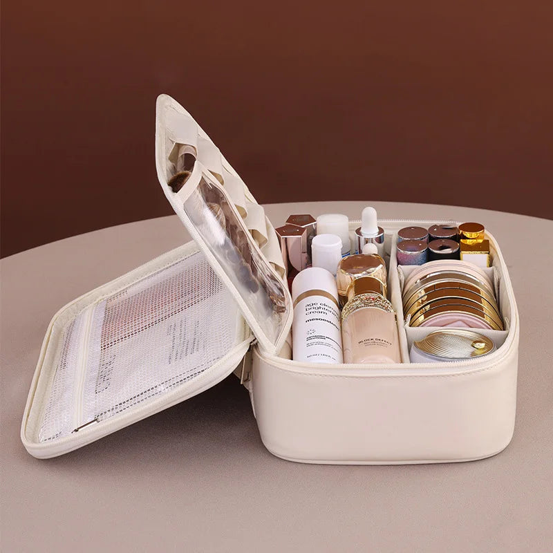 PU Large Capacity Portable Makeup Bag Double Layer Travel Organizer for Toiletries and Cosmetics