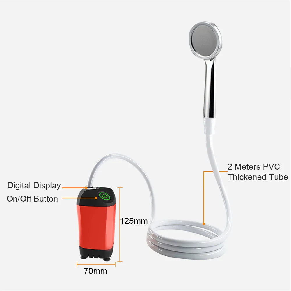Outdoor Camping Shower IPX7 Waterproof Orange with Digital Display Portable Electric Shower Pump