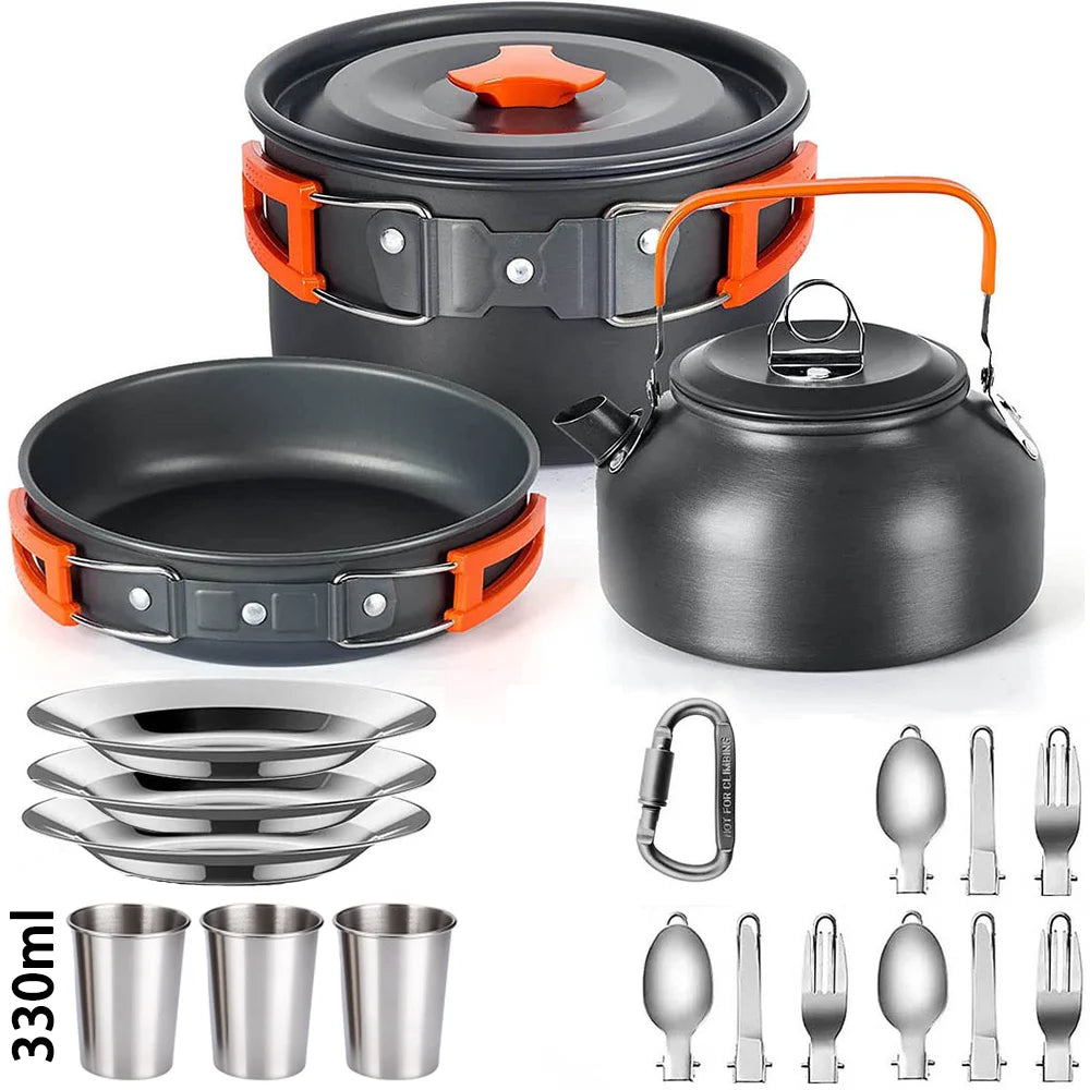 Camping Cookware Set for 2 to 3 People with Non-Stick Pots and Teapot Kit