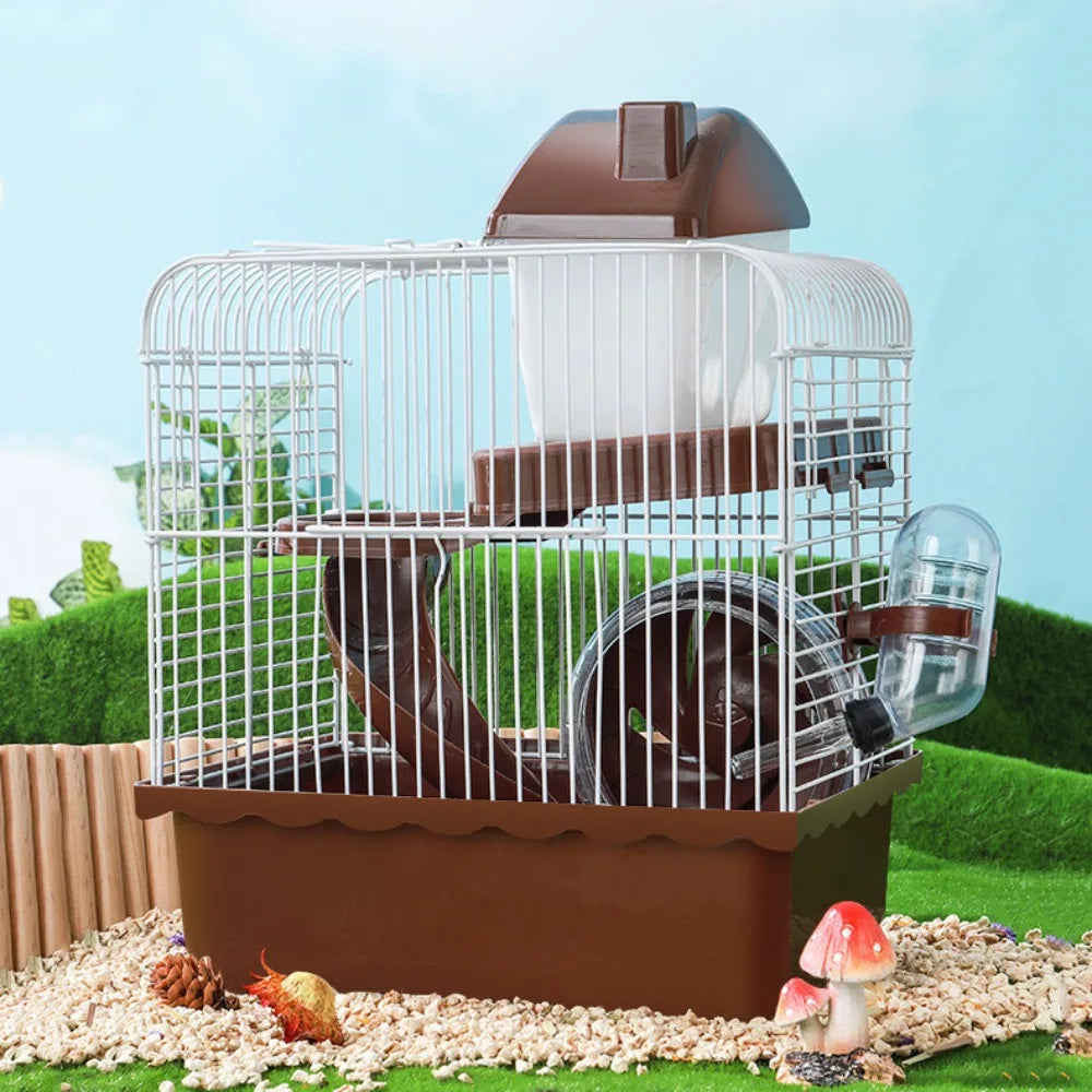 Ventilation Hamster Double-storey Villa Removable Feeding Bottle Pet Castle Cage with Running Wheel with Handle