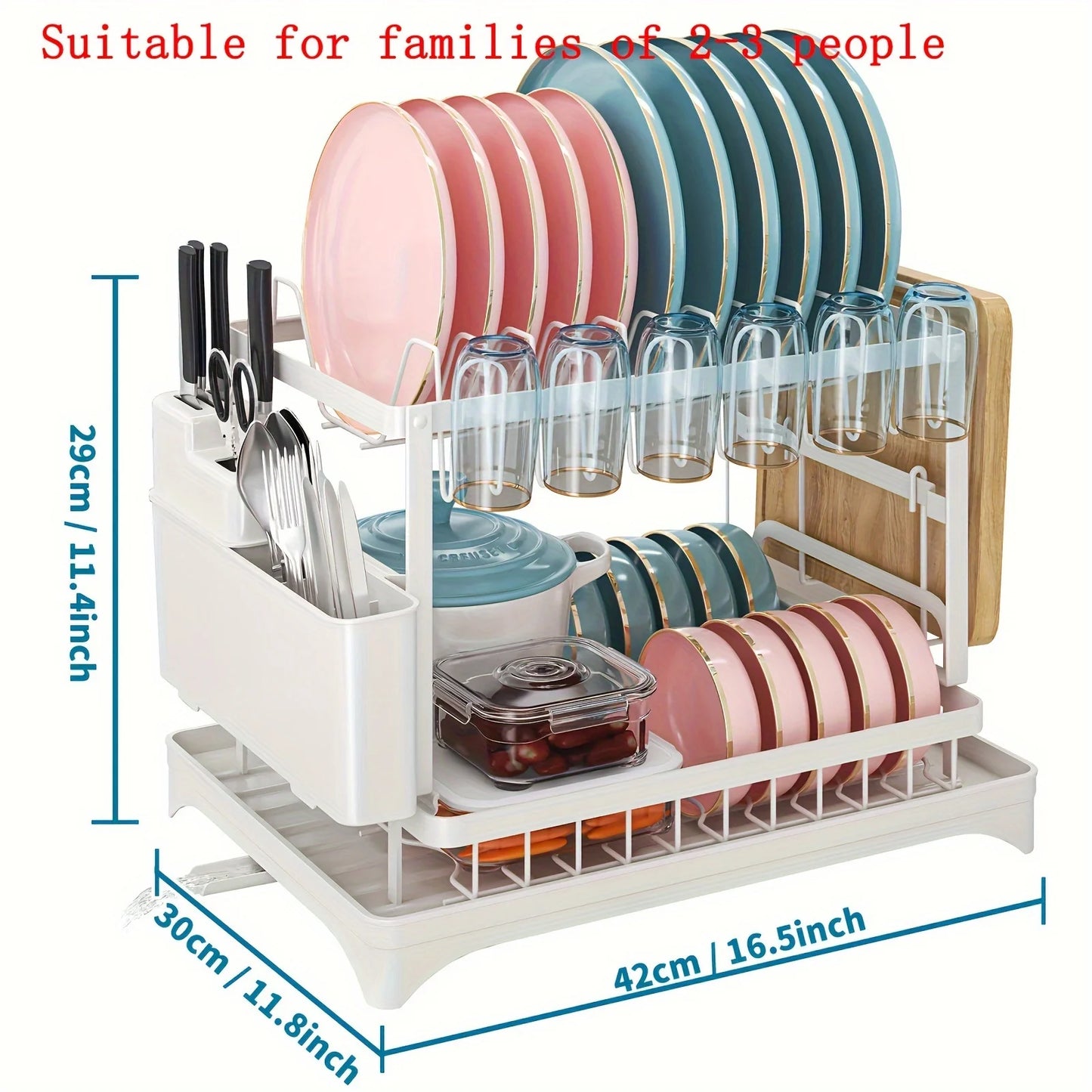 2 Tier Large Stainless Steel Dish Drying Rack with Drainboard for Kitchen Counter - Multifunctional Dish Drainer for Plates and Cups