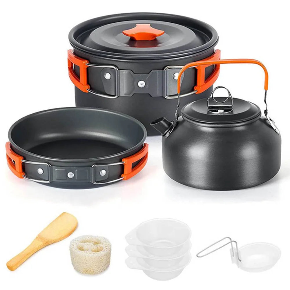 Camping Cookware Set for 2 to 3 People with Non-Stick Pots and Teapot Kit