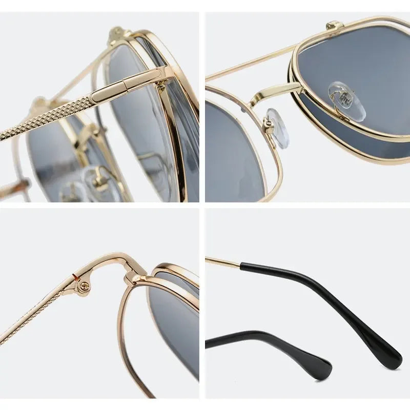 Vintage Flip Up Punk Round Sunglasses UV400 Retro Shades for Women