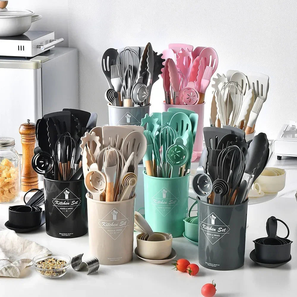 Silicone Kitchen Utensil Set 12 Pieces Food Grade Cooking Tools Turner Spatula Measuring Spoon Eco-Friendly Cookware