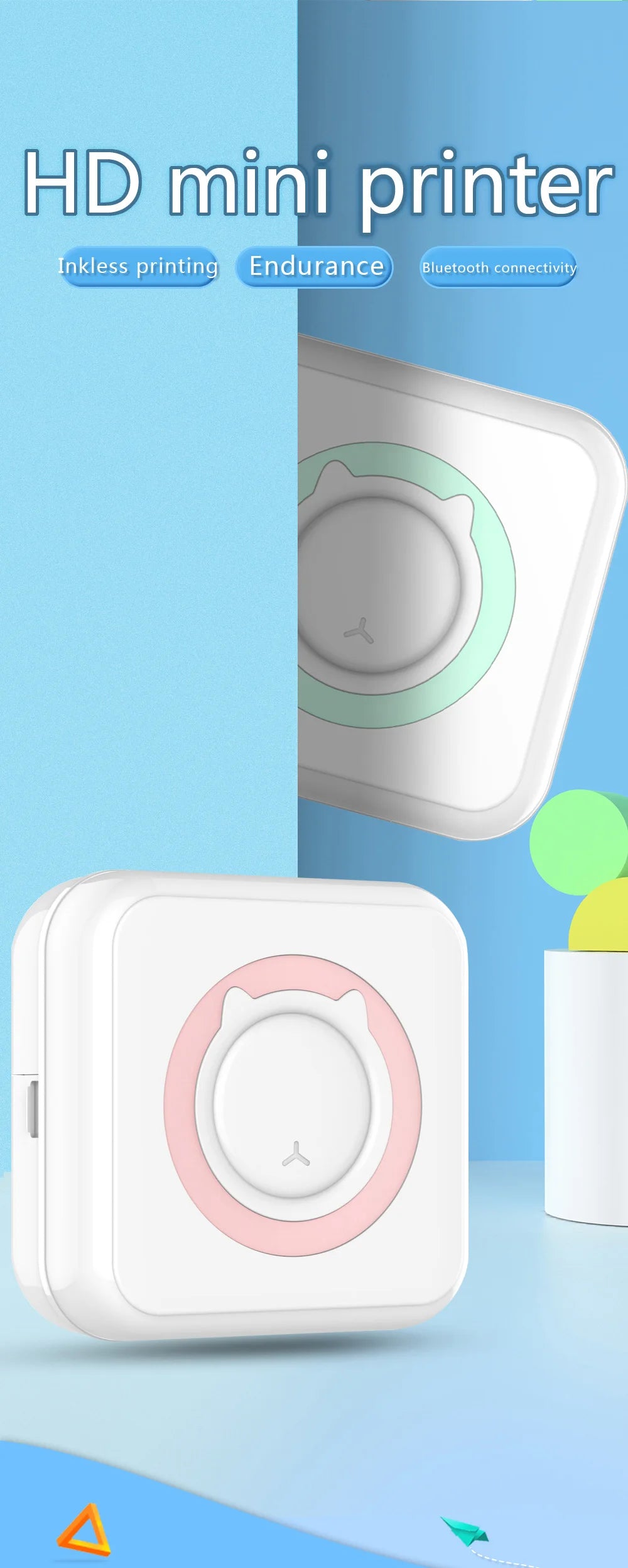 Portable Mini Thermal Printer Wirelessly BT 203dpi Photo Label Memo Printing with USB Cable