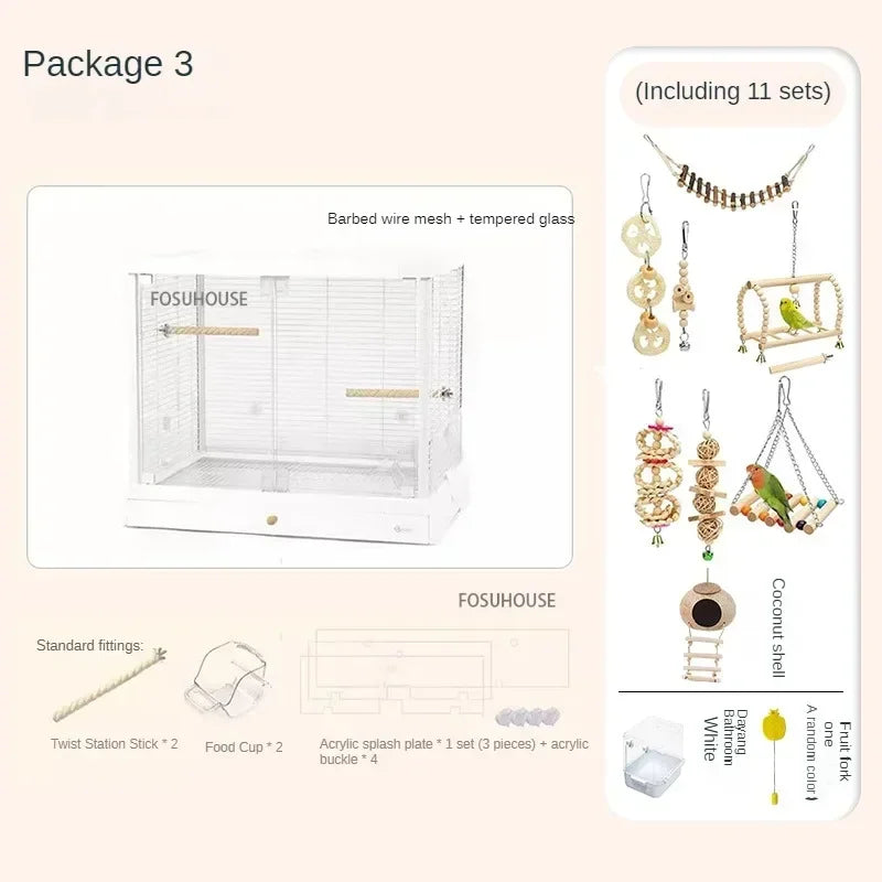 Home Luxury Parrot Cage Pet Breeding CagePanoramic Glass High-definition Transparent Bird Cages Outdoor Portable Budgie Cage W