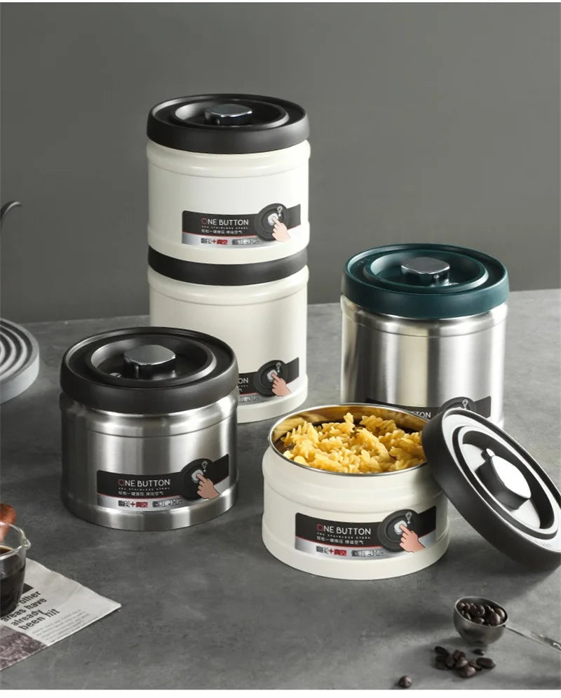 Coffee Bean Vacuum Sealed Canister 304 Stainless Steel Press Type Storage for Grains Tea and Nuts Kitchen Crisper Box