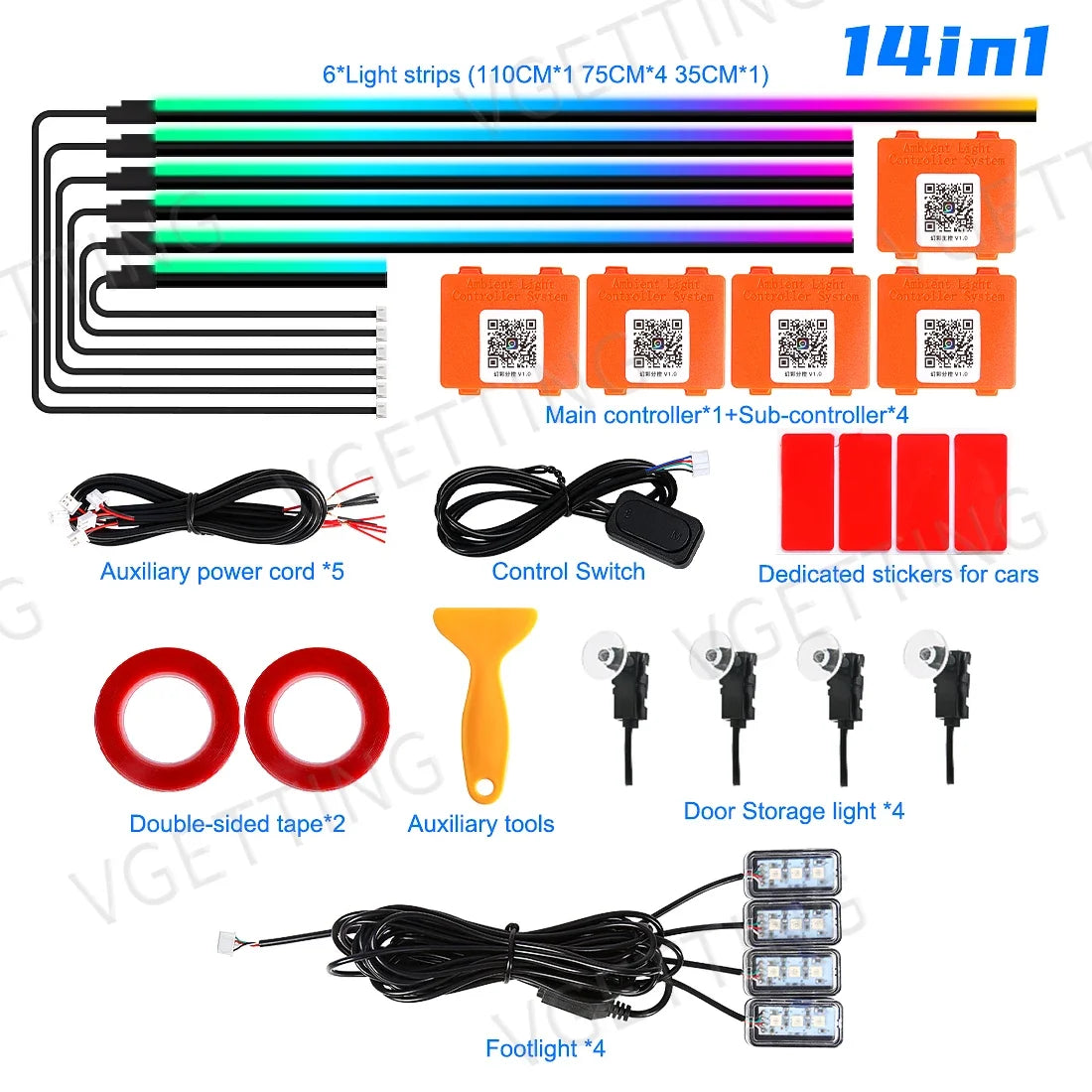 Vgetting 18 in 1 Car Ambient Lights LED Acrylic Strips RGB 64 Colors APP Control
