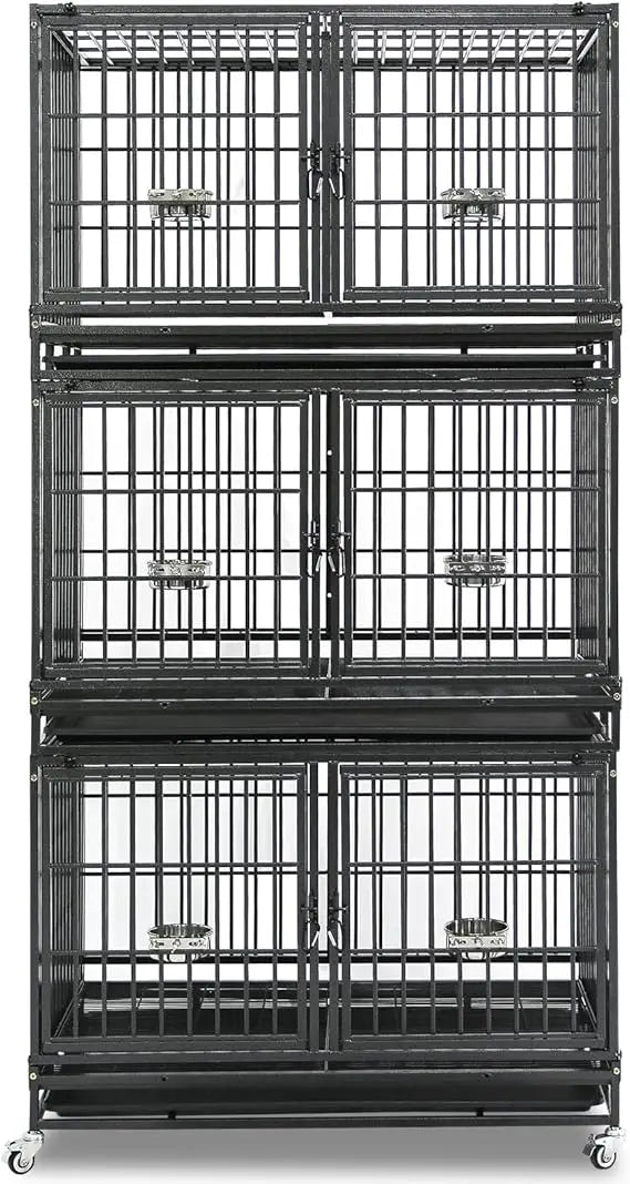 Three Tiers 43 inch Heavy Duty Dog Crate with Wheels, Stackable Indestructible Steel Dog Cage Kennel Indoor with Divider, Trays