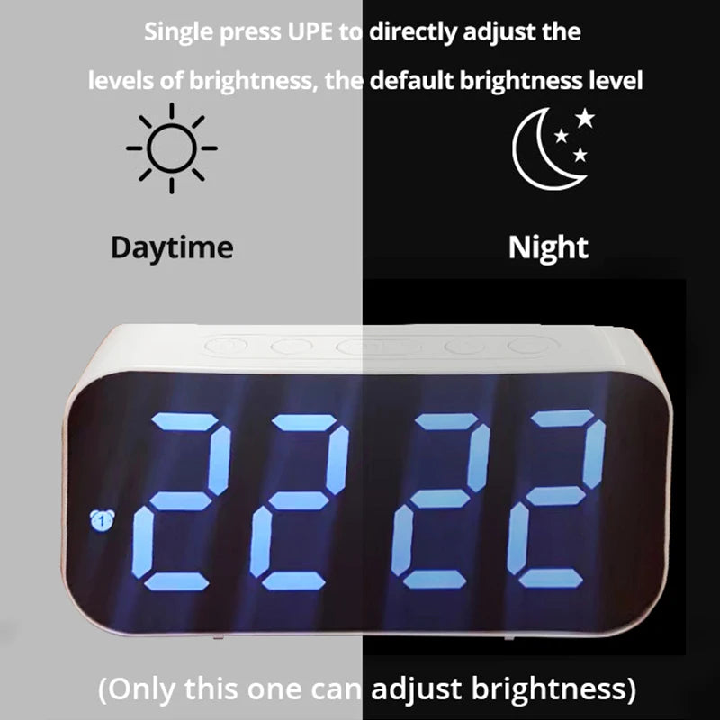 LED Mirror Table Clock Digital Alarm with Snooze Display