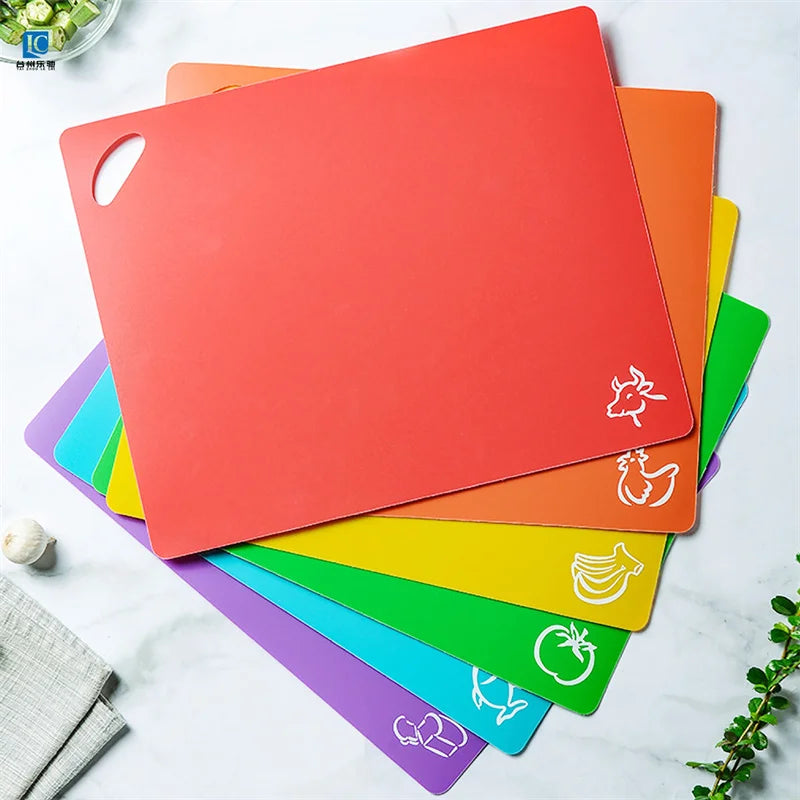 6 Piece Colorful Flexible Plastic Non-Slip Chopping Boards with Food Icons for Easy Kitchen Prep