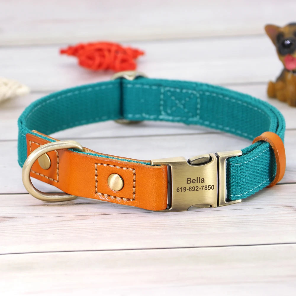 Nylon Custom Dog Collar and Leash Set with Personalized Genuine Leather Nameplate ID Tag for Puppies