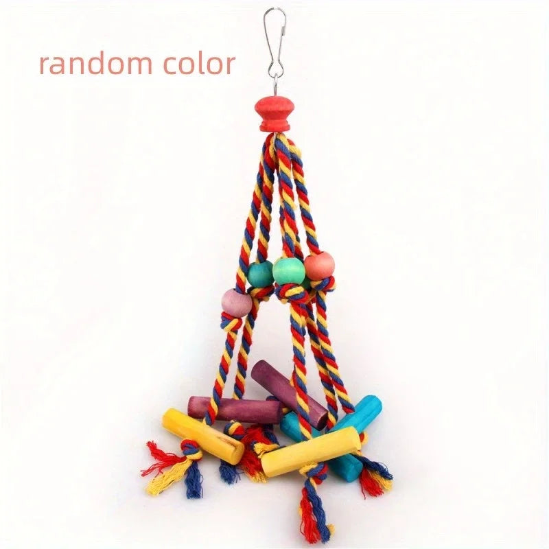 Wood Parrot Toys Bird Toys Colorful Bead Wooden Funny Training Bird Toys Cotton Rope Parrot Toy Bite Resistant Bird Tearing Toy