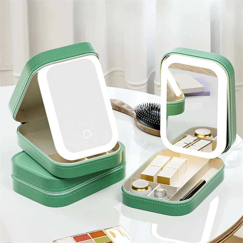 LED Mirror Makeup Storage Box Portable Travel Cosmetic Case Large Capacity with Built-In Light for Easy Application