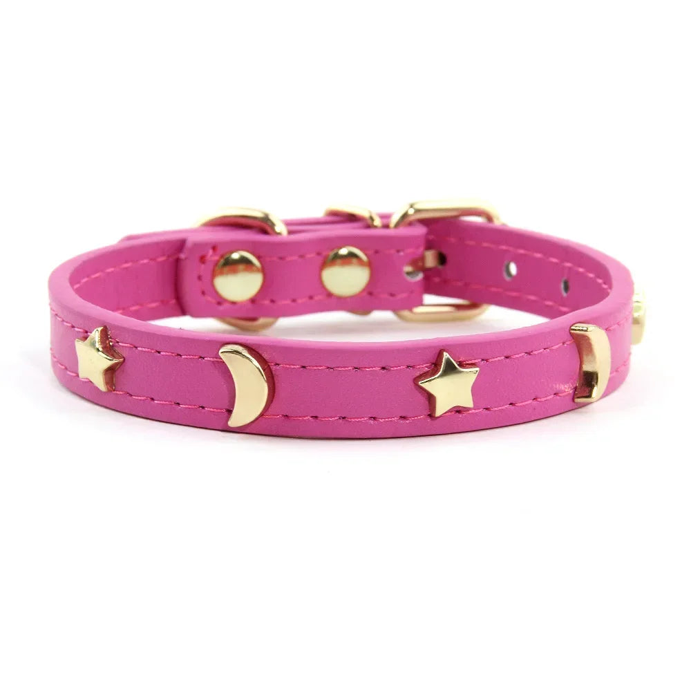 Cute Cat Collar Soft Leather Pet Collars For Small Dog Kitten Puppy Necklace Cat Accessories Star Moon Rivets Decoration XS-M