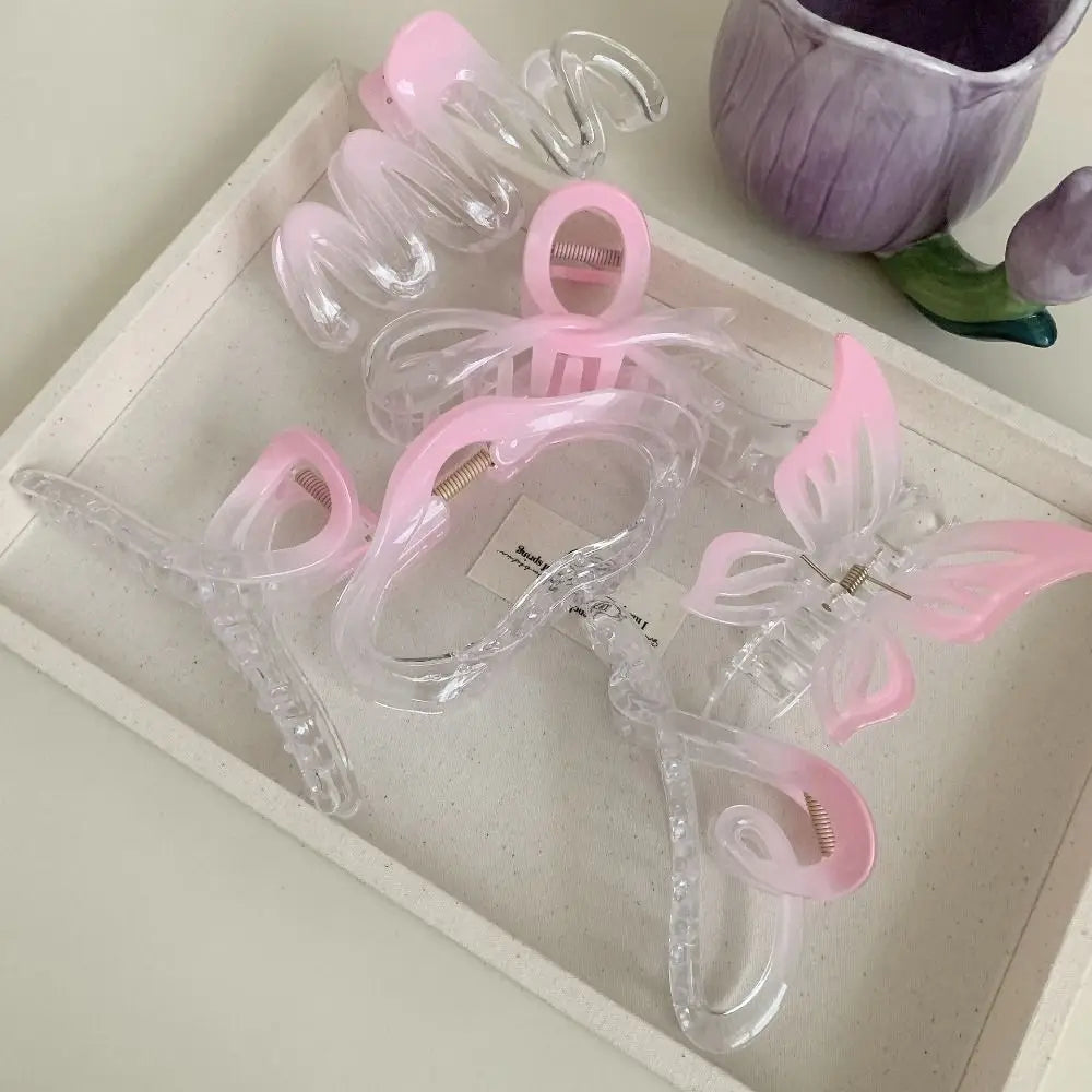 Fashion Pink Gradient Hair Clip Butterfly Bow Shark Clip for Women
