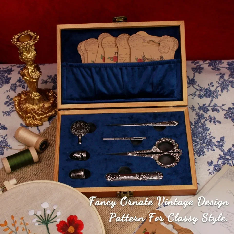 Vintage Sewing Kit Complete European Style Antique Embroidery Scissors Set with Needles and Craft Supplies for DIY Projects