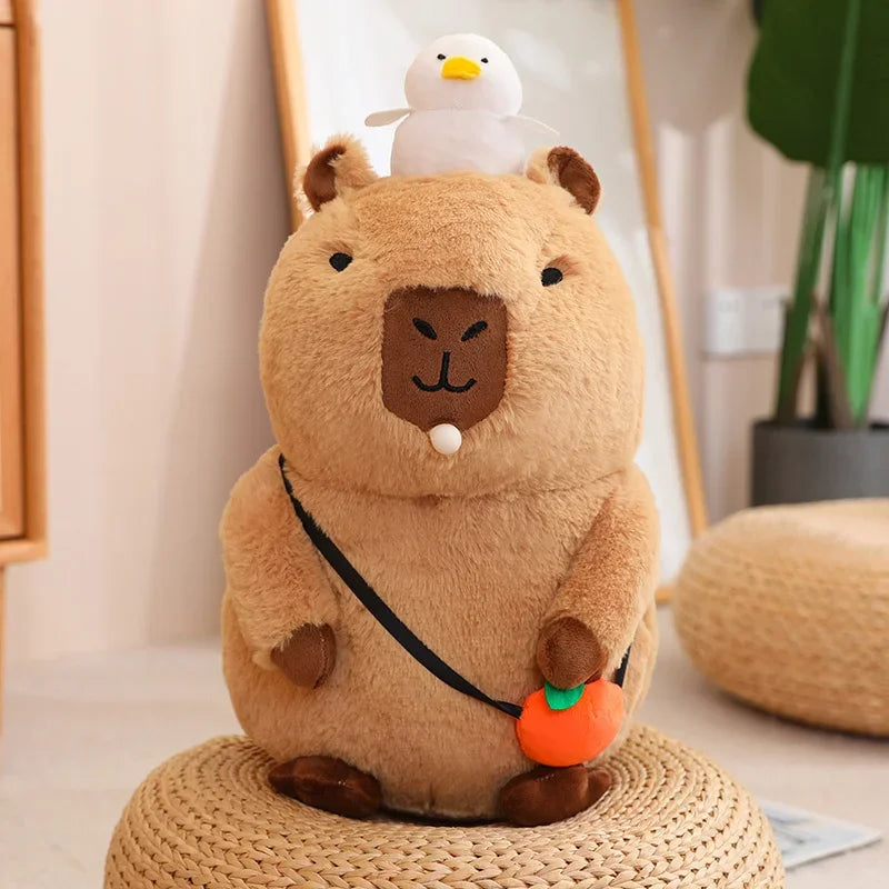 Strawberry Hat Capybara Plush Toy with Turtle Backpack Pendant