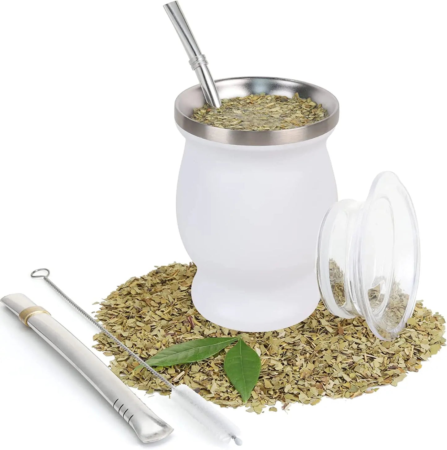 Yerba Mate Natural Gourd Tea Cup Set With Lid 230ML Includes 2 Bombillas