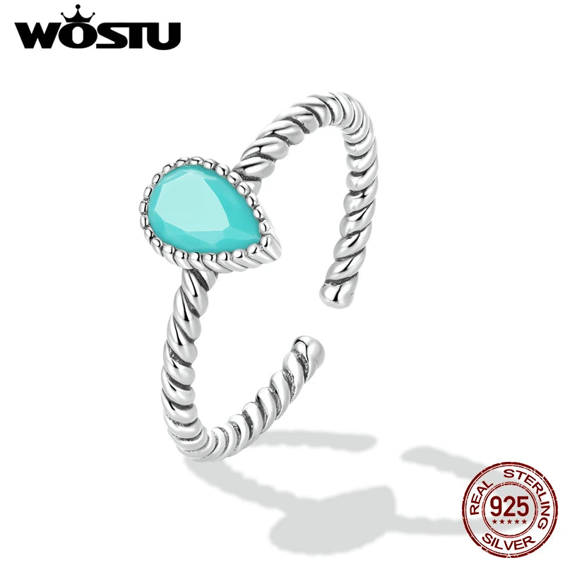 WOSTU 925 Sterling Silver Turquoise Waterdrop Ring for Women