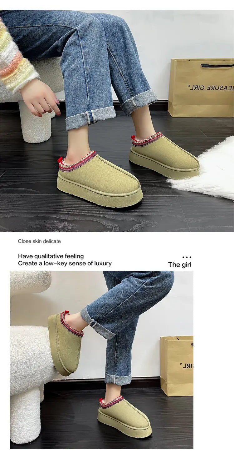 Women's Wool Slippers Warm Sheepskin Platform Shoes 2024