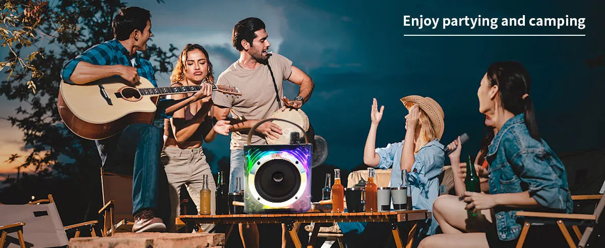 High Power Karaoke Bluetooth Speaker with 360 Stereo Surround Sound and RGB Rhythm Lights Wireless Subwoofer and Dual Microphones
