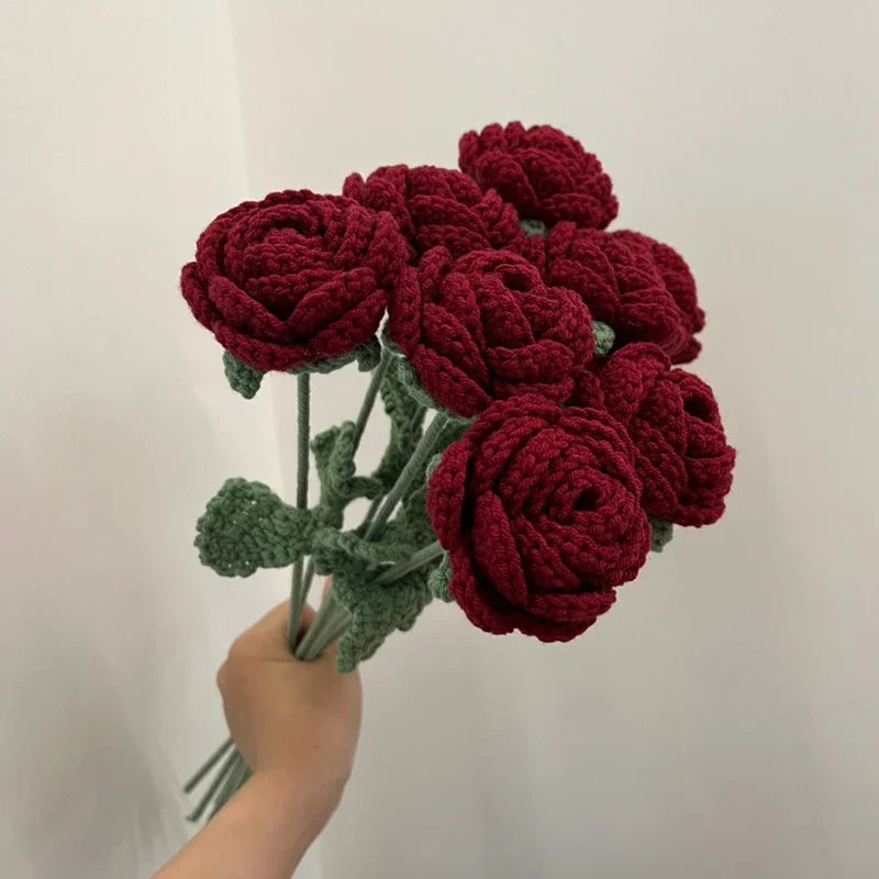 1PC Romantic Wine Red Knitted Rose Bunch for DIY Flower Crafts Home Decor