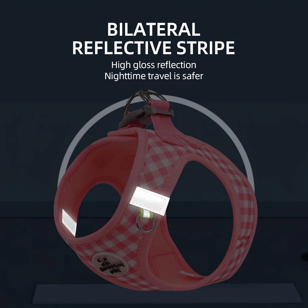 Festive Gingham Cat Harness: Breathable Polyester with Metal Clasps and Reflective Straps for Safe Walks