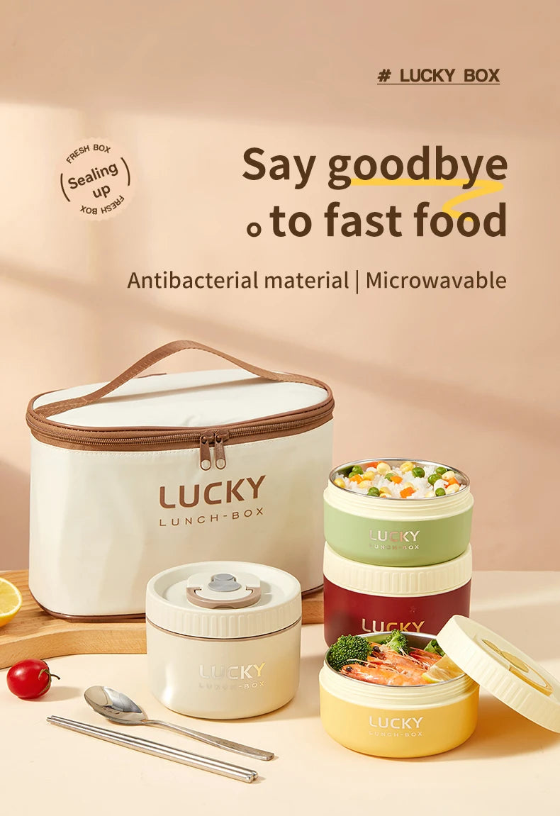 WORTHBUY Portable 304 Stainless Steel Insulated Bento Lunch Box With Thermal Bag Cutlery Leak Proof Container Set