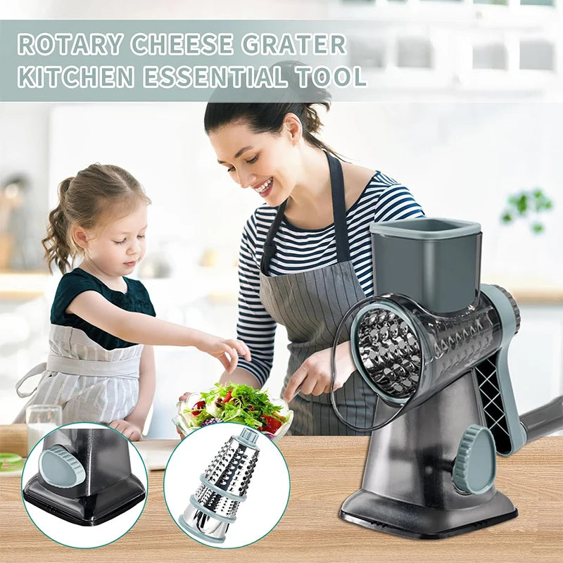 3 in 1 Manual Rotary Cheese Grater and Vegetable Slicer for Nut Grinding and Cheese Shredding