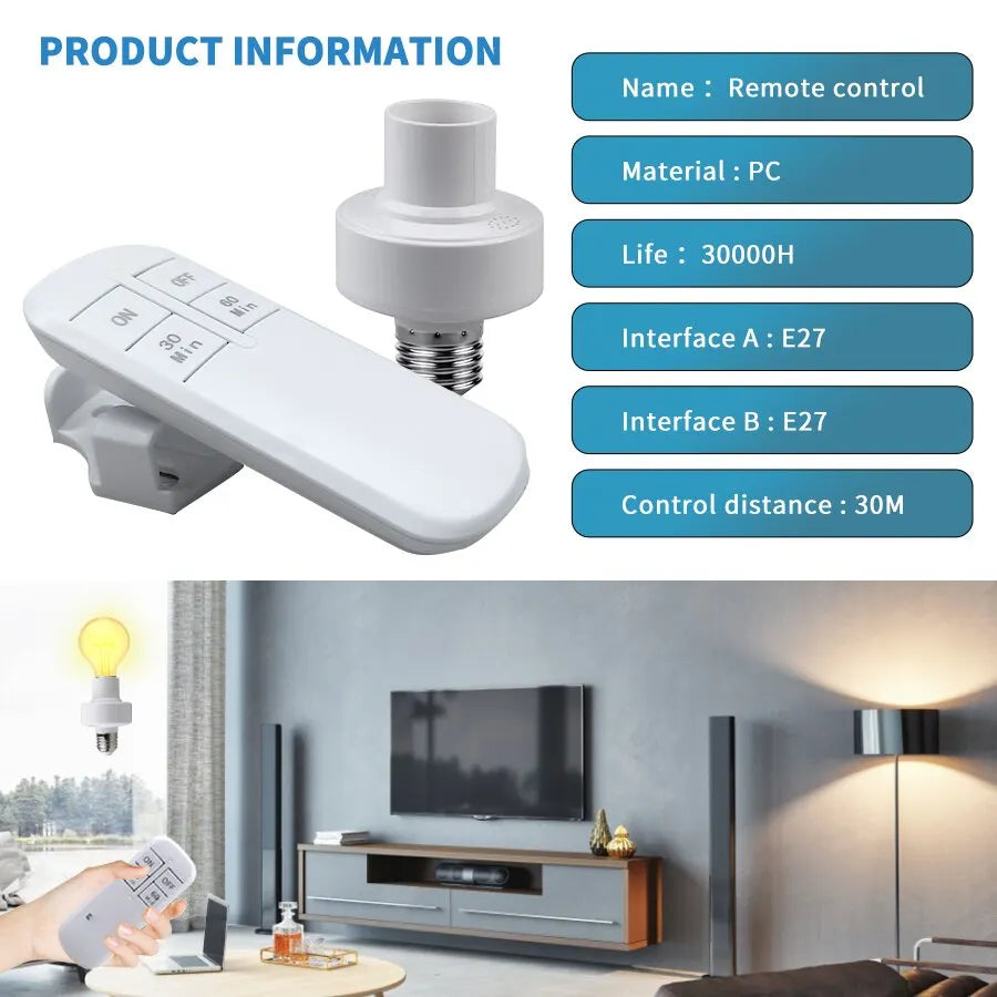 Smart Timer Switch Wireless Remote Control E27 Lamp Holder 15m Range 110V 220V