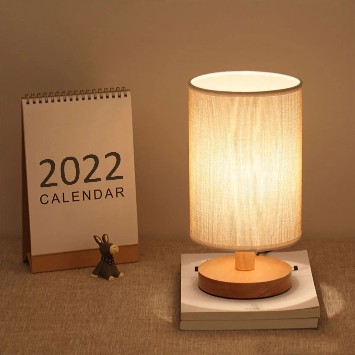 USB Wooden Bedside Lamp with Cylinder Shade Night Light for Bedroom Home Decor