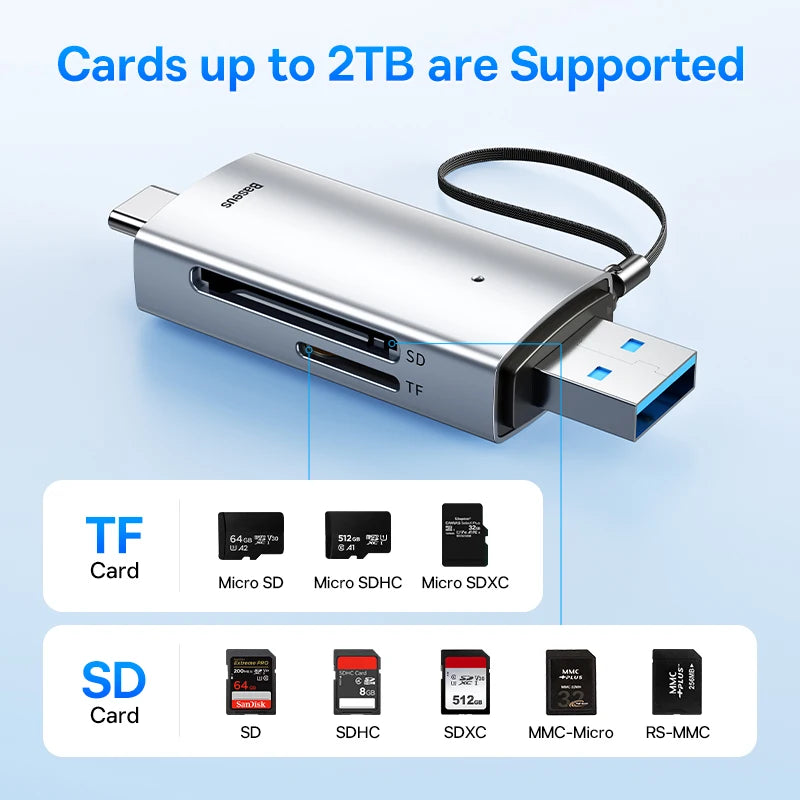 Lector de tarjetas Baseus USB C y USB 3.0 a SD Micro SD TF Dispositivo de tarjeta de memoria 104 MB/s 2 TB Lector de tarjetas inteligentes para accesorios para computadora portátil