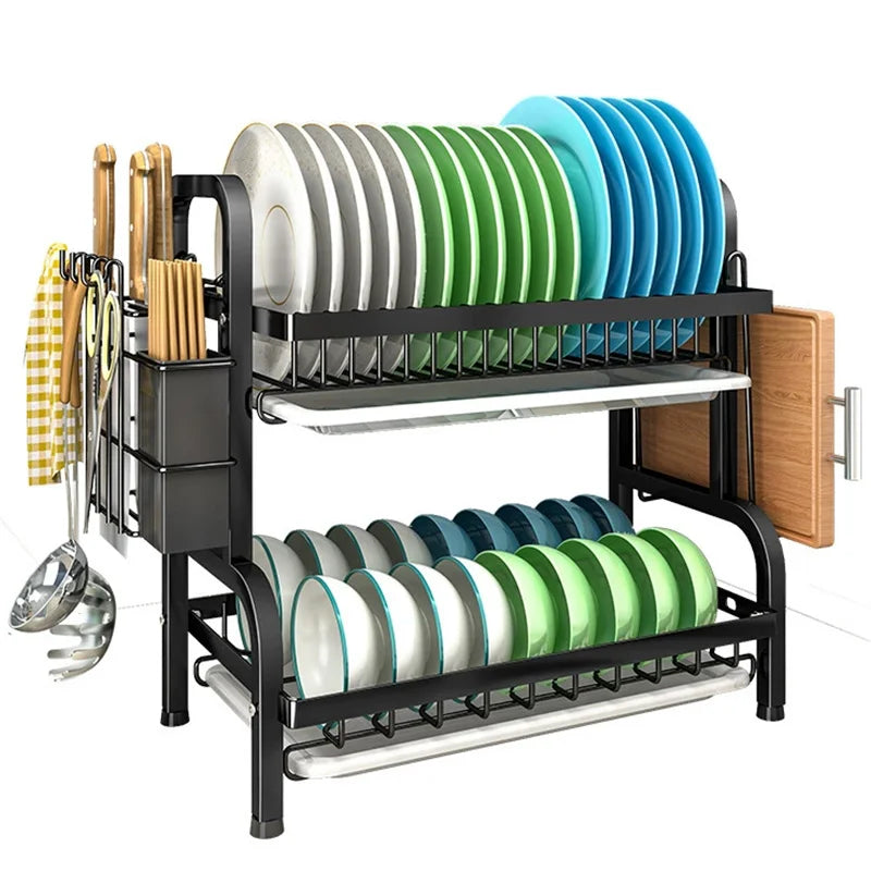 2-Tier Compact Dish Drying Rack Set with Drainboard Large Rust-Proof Dish Drainer and Utensil Holder for Efficient Kitchen Organization